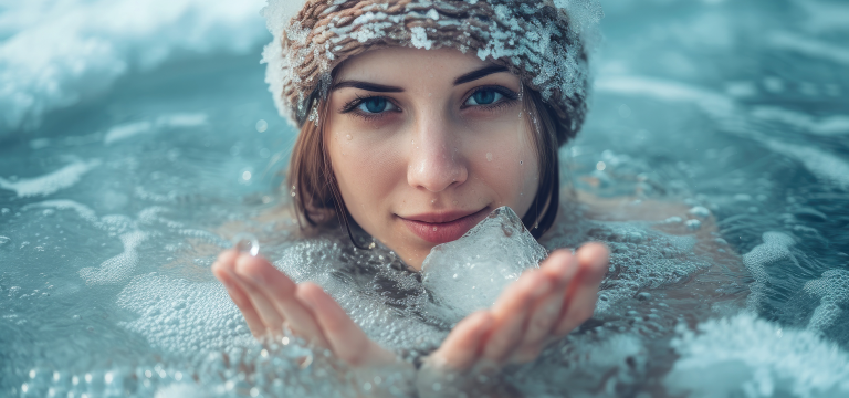 Woman in cold plunge holding chunk of ice